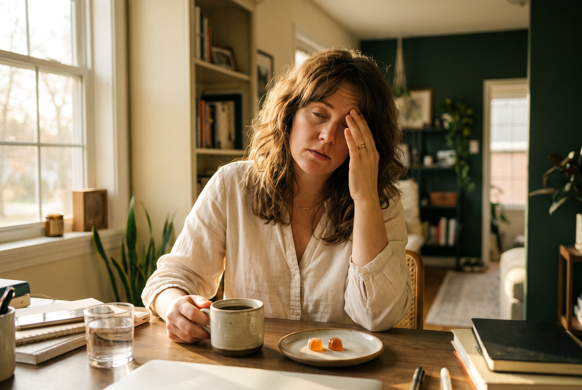 A tired woman in her early forties at a desk in the afternoon, hand to her forehead, with a coffee and a glass of water