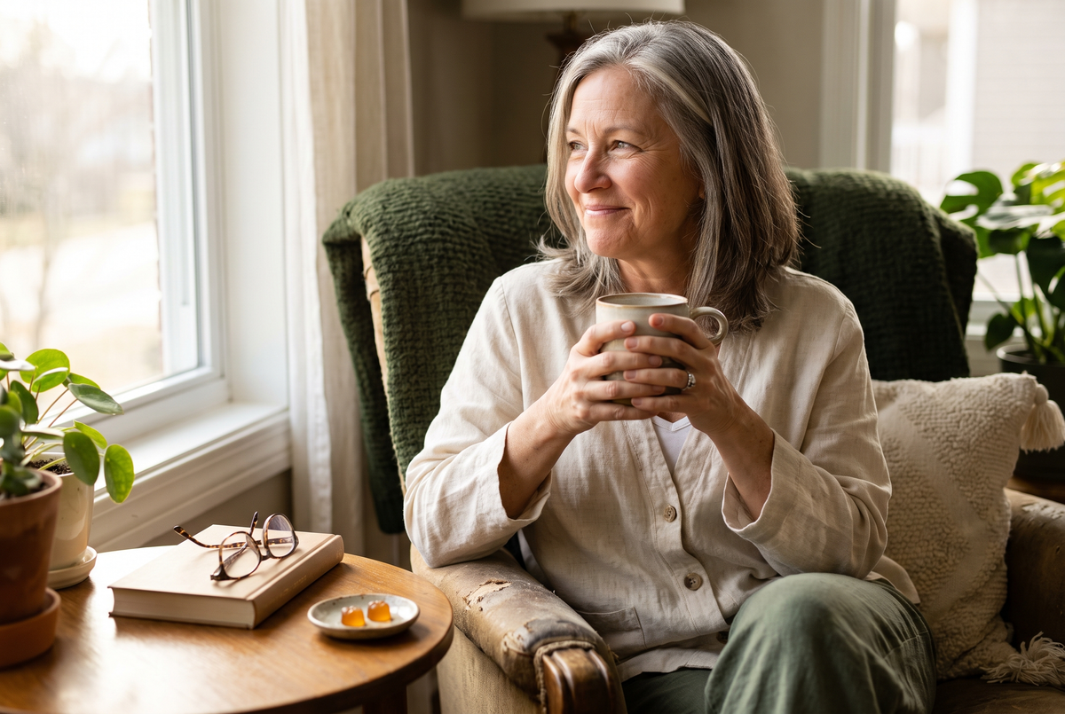 A woman in her late fifties at a kitchen table in morning light