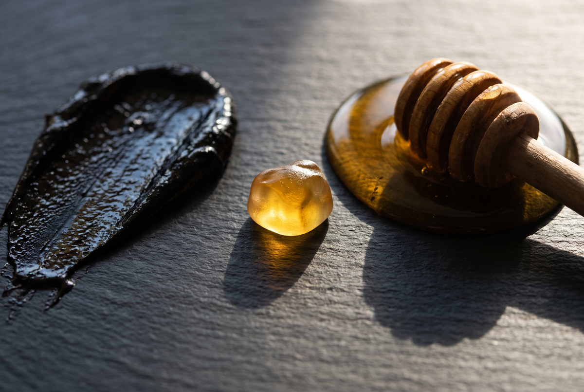 Dark shilajit resin, golden honey and an amber gummy