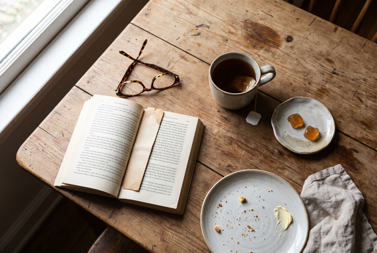 A breakfast table with reading glasses, tea and a small dish of Endura gummies