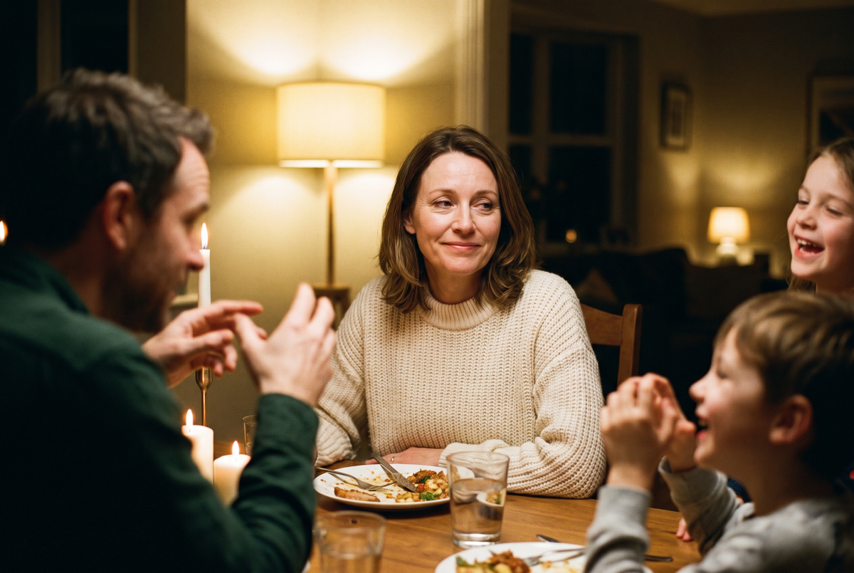 A woman in her late forties smiling politely at a family dinner table with a tired, distant look