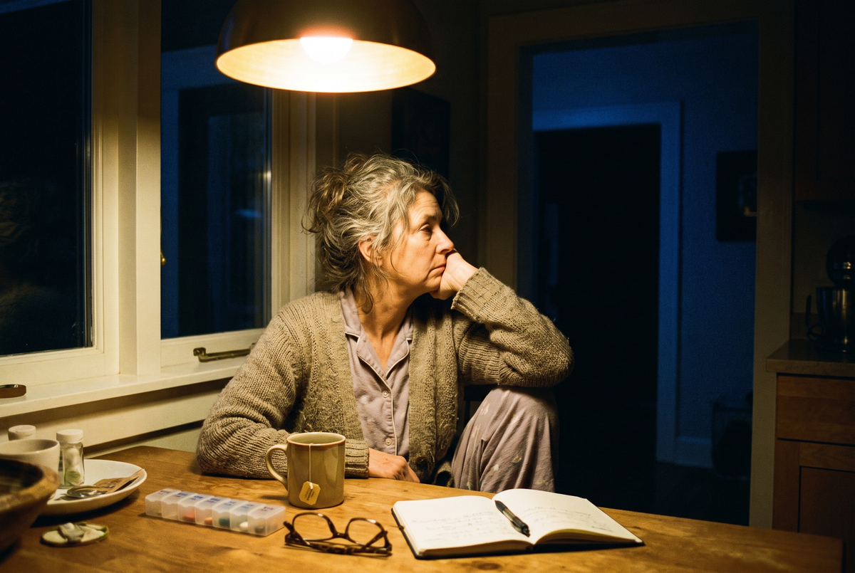 A woman sitting at a kitchen table late at night beside a pill organizer, looking toward a dark hallway
