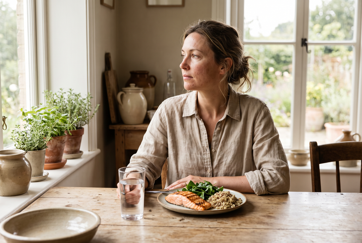A woman in her forties at a kitchen table with a small plate of food and a glass of water