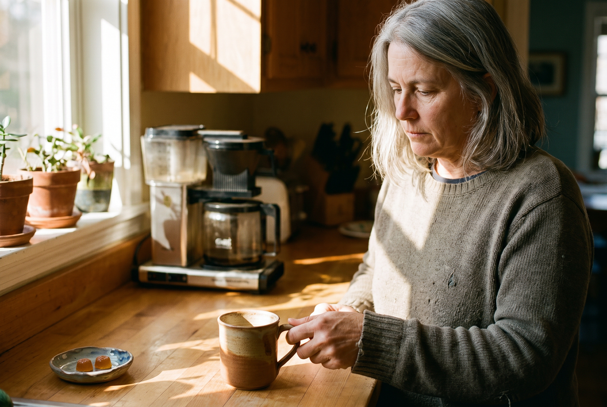 A woman at a kitchen counter in the afternoon
