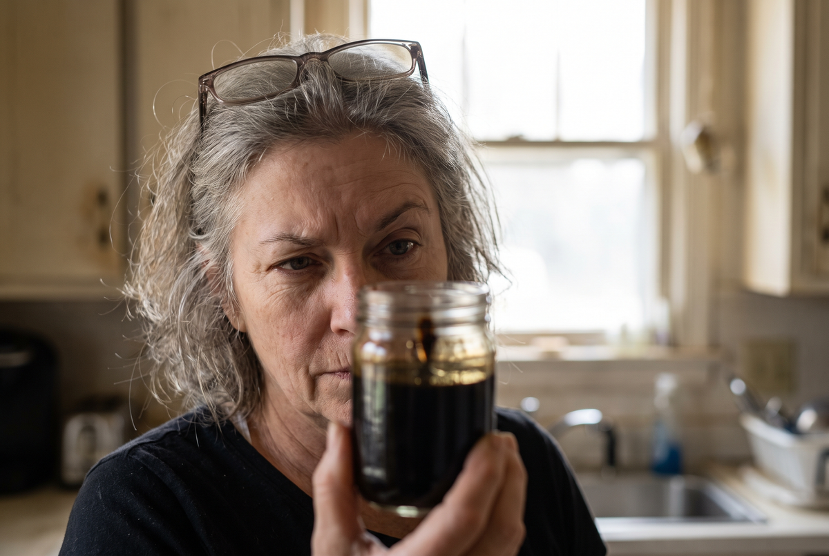 A woman examining a jar of shilajit resin